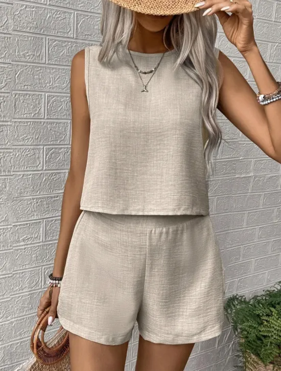 Outlet Women's Daily Basic Tank Top Baggy Shorts Sleeveless Crew Neck Plain Casual Daily Green Beige Summer Regular Fit Women Two Piece Sets