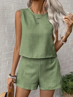 Outlet Women's Daily Basic Tank Top Baggy Shorts Sleeveless Crew Neck Plain Casual Daily Green Beige Summer Regular Fit Women Two Piece Sets