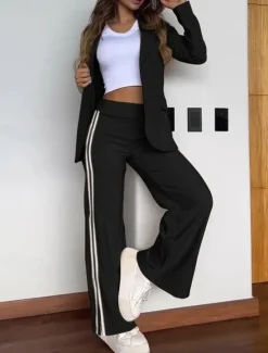 Best Women's Daily Blazer Wide Leg Pants Long Sleeve Shirt Collar Striped Patchwork Black White Khaki Spring & Fall Regular Fit Women Two Piece Sets