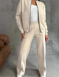 Discount Women's Daily Bolero Top Wide Leg Pants Long Sleeve Solid Color Zipper Outdoor Office Black Pink Beige Spring & Fall Regular Fit Women Two Piece Sets