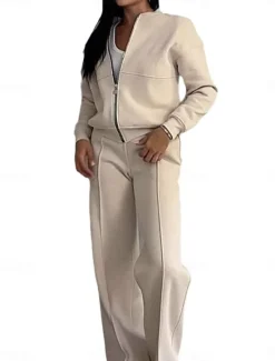 Discount Women's Daily Bolero Top Wide Leg Pants Long Sleeve Solid Color Zipper Outdoor Office Black Pink Beige Spring & Fall Regular Fit Women Two Piece Sets