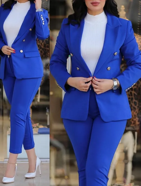 Discount Women's Daily Business Blazer Office Suit Pants Sets Dress Pants Pants Trousers Long Sleeve Plain Work Daily Black Burgundy Royal Blue Fall & Winter Regular Fit Women Two Piece Sets