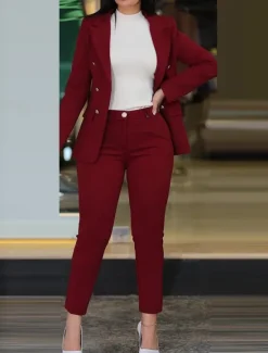 Discount Women's Daily Business Blazer Office Suit Pants Sets Dress Pants Pants Trousers Long Sleeve Plain Work Daily Black Burgundy Royal Blue Fall & Winter Regular Fit Women Two Piece Sets
