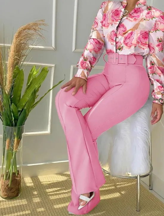 Outlet Women's Daily Business Neon & Bright Shirt Office Suit Pants Sets Dress Pants Pants Trousers Long Sleeve Stand Collar Floral Leopard Letter Print Work Daily Black Yellow Pink Fall & Winter Regular Fit Women Two Piece Sets