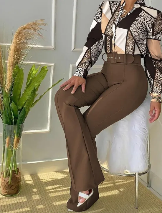 Outlet Women's Daily Business Neon & Bright Shirt Office Suit Pants Sets Dress Pants Pants Trousers Long Sleeve Stand Collar Floral Leopard Letter Print Work Daily Black Yellow Pink Fall & Winter Regular Fit Women Two Piece Sets