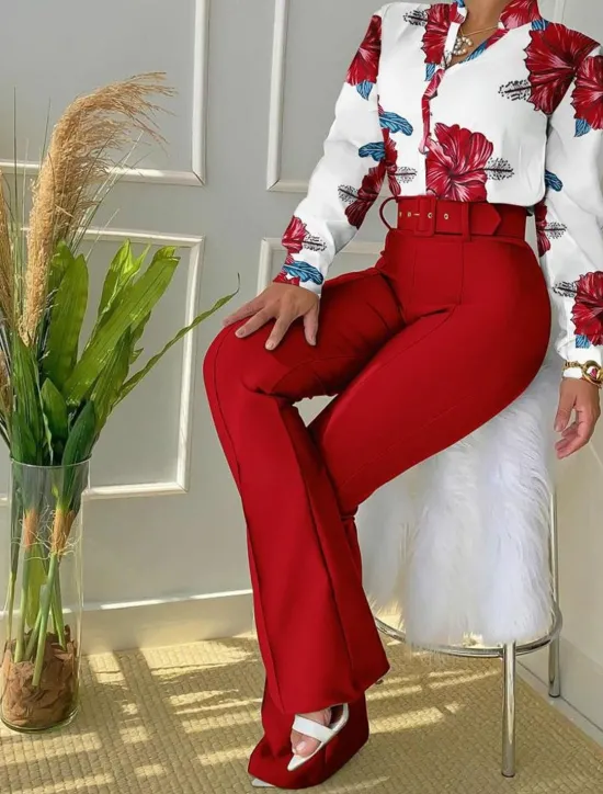 Outlet Women's Daily Business Neon & Bright Shirt Office Suit Pants Sets Dress Pants Pants Trousers Long Sleeve Stand Collar Floral Leopard Letter Print Work Daily Black Yellow Pink Fall & Winter Regular Fit Women Two Piece Sets