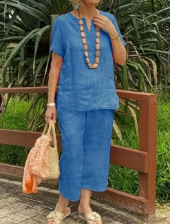 Discount Women's Daily Linen-Inspired Sets Two Piece Sets Bolero Top Chinos Short Sleeve V Neck Solid Color Patchwork Daily Casual Daily Pink Dark Navy Royal Blue All Seasons Loose Fit Women Sets