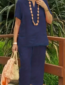 Discount Women's Daily Linen-Inspired Sets Two Piece Sets Bolero Top Chinos Short Sleeve V Neck Solid Color Patchwork Daily Casual Daily Pink Dark Navy Royal Blue All Seasons Loose Fit Women Sets