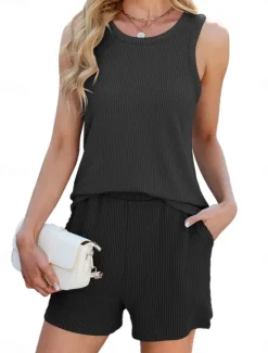 Women's Daily Tank Top Baggy Shorts Sleeveless Crew Neck Plain Drawstring Casual Daily Black White Pink Spring & Fall Regular Fit Women Two Piece Sets