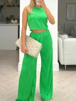 Clearance Women's Daily Tank Top Wide Leg Pants Sleeveless Crew Neck Casual Daily Green Beige Summer Regular Fit Women Two Piece Sets