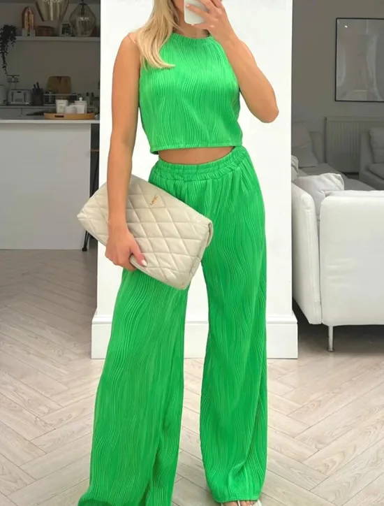 Clearance Women's Daily Tank Top Wide Leg Pants Sleeveless Crew Neck Casual Daily Green Beige Summer Regular Fit Women Two Piece Sets