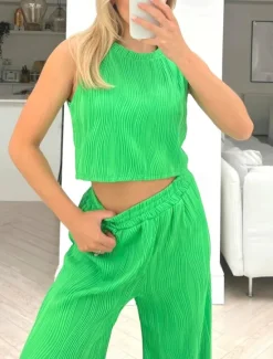 Clearance Women's Daily Tank Top Wide Leg Pants Sleeveless Crew Neck Casual Daily Green Beige Summer Regular Fit Women Two Piece Sets