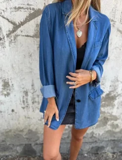 Online Women's Denim Jacket Breathable Comfortable Buttons Pocket Casual Plain Vacation Street Daily Wear Going out Regular Turndown Regular Fit Long Sleeve Outerwear Black Blue Summer Spring Women Jackets