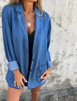 Online Women's Denim Jacket Breathable Comfortable Buttons Pocket Casual Plain Vacation Street Daily Wear Going out Regular Turndown Regular Fit Long Sleeve Outerwear Black Blue Summer Spring Women Jackets