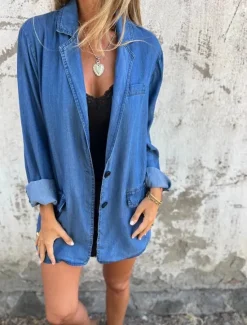 Online Women's Denim Jacket Breathable Comfortable Buttons Pocket Casual Plain Vacation Street Daily Wear Going out Regular Turndown Regular Fit Long Sleeve Outerwear Black Blue Summer Spring Women Jackets