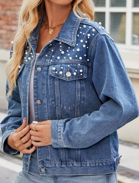 Hot Women's Denim Jacket Outdoor Street Daily Wear Fall Winter Short Coat Regular Fit Thermal Warm Breathable Stylish Casual Jacket Long Sleeve Solid Color with Pockets Beaded Black Blue Women Jackets