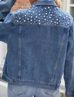 Hot Women's Denim Jacket Outdoor Street Daily Wear Fall Winter Short Coat Regular Fit Thermal Warm Breathable Stylish Casual Jacket Long Sleeve Solid Color with Pockets Beaded Black Blue Women Jackets