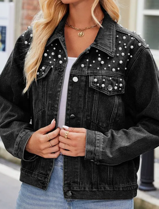 Hot Women's Denim Jacket Outdoor Street Daily Wear Fall Winter Short Coat Regular Fit Thermal Warm Breathable Stylish Casual Jacket Long Sleeve Solid Color with Pockets Beaded Black Blue Women Jackets