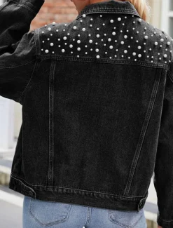 Hot Women's Denim Jacket Outdoor Street Daily Wear Fall Winter Short Coat Regular Fit Thermal Warm Breathable Stylish Casual Jacket Long Sleeve Solid Color with Pockets Beaded Black Blue Women Jackets