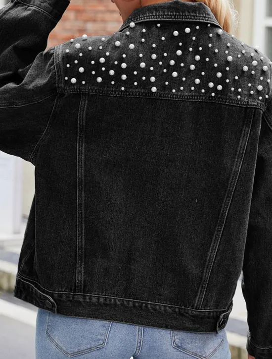 Hot Women's Denim Jacket Outdoor Street Daily Wear Fall Winter Short Coat Regular Fit Thermal Warm Breathable Stylish Casual Jacket Long Sleeve Solid Color with Pockets Beaded Black Blue Women Jackets