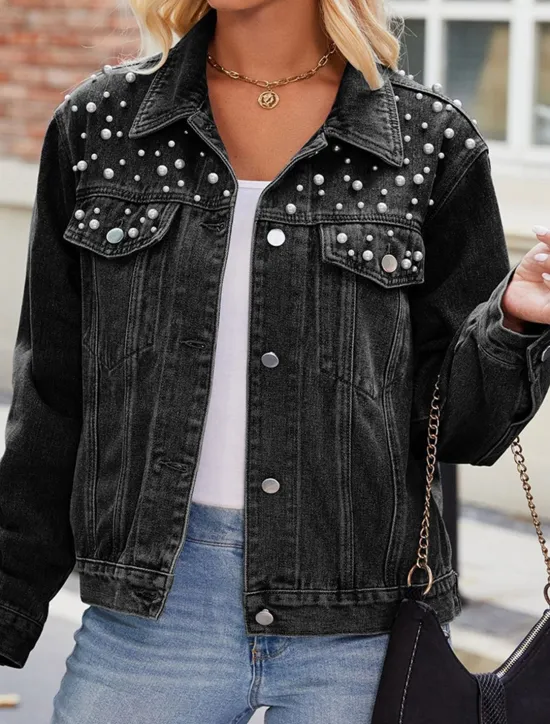 Hot Women's Denim Jacket Outdoor Street Daily Wear Fall Winter Short Coat Regular Fit Thermal Warm Breathable Stylish Casual Jacket Long Sleeve Solid Color with Pockets Beaded Black Blue Women Jackets