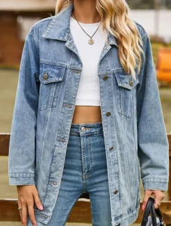 Online Women's Denim Jacket Outdoor Street Daily Wear Fall Winter Regular Coat Regular Fit Thermal Warm Breathable Stylish Casual Jacket Long Sleeve Solid Color with Pockets Light Blue Black Pink Women Jackets