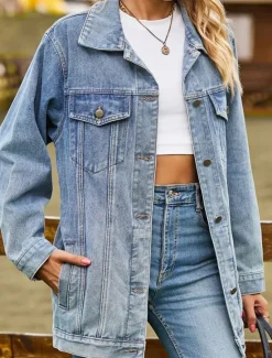 Online Women's Denim Jacket Outdoor Street Daily Wear Fall Winter Regular Coat Regular Fit Thermal Warm Breathable Stylish Casual Jacket Long Sleeve Solid Color with Pockets Light Blue Black Pink Women Jackets