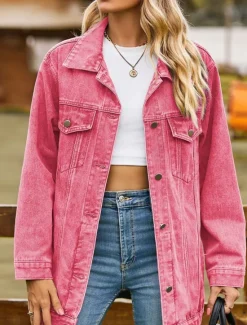 Online Women's Denim Jacket Outdoor Street Daily Wear Fall Winter Regular Coat Regular Fit Thermal Warm Breathable Stylish Casual Jacket Long Sleeve Solid Color with Pockets Light Blue Black Pink Women Jackets