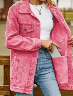 Online Women's Denim Jacket Outdoor Street Daily Wear Fall Winter Regular Coat Regular Fit Thermal Warm Breathable Stylish Casual Jacket Long Sleeve Solid Color with Pockets Light Blue Black Pink Women Jackets