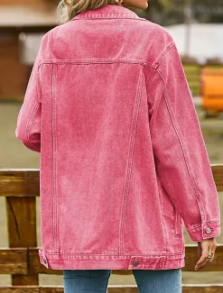 Online Women's Denim Jacket Outdoor Street Daily Wear Fall Winter Regular Coat Regular Fit Thermal Warm Breathable Stylish Casual Jacket Long Sleeve Solid Color with Pockets Light Blue Black Pink Women Jackets