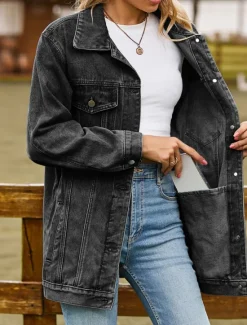 Online Women's Denim Jacket Outdoor Street Daily Wear Fall Winter Regular Coat Regular Fit Thermal Warm Breathable Stylish Casual Jacket Long Sleeve Solid Color with Pockets Light Blue Black Pink Women Jackets