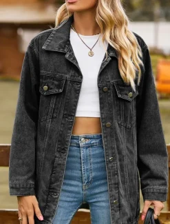 Online Women's Denim Jacket Outdoor Street Daily Wear Fall Winter Regular Coat Regular Fit Thermal Warm Breathable Stylish Casual Jacket Long Sleeve Solid Color with Pockets Light Blue Black Pink Women Jackets