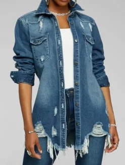 New Women's Denim Jacket Outdoor Street Daily Wear Fall Winter Regular Coat Regular Fit Thermal Warm Breathable Stylish Casual Jacket Long Sleeve Solid Color with Pockets Light Blue Black Navy Blue Women Jackets