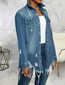 New Women's Denim Jacket Outdoor Street Daily Wear Fall Winter Regular Coat Regular Fit Thermal Warm Breathable Stylish Casual Jacket Long Sleeve Solid Color with Pockets Light Blue Black Navy Blue Women Jackets