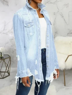 New Women's Denim Jacket Outdoor Street Daily Wear Fall Winter Regular Coat Regular Fit Thermal Warm Breathable Stylish Casual Jacket Long Sleeve Solid Color with Pockets Light Blue Black Navy Blue Women Jackets