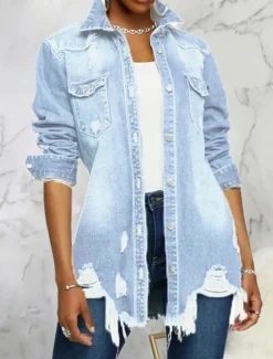 New Women's Denim Jacket Outdoor Street Daily Wear Fall Winter Regular Coat Regular Fit Thermal Warm Breathable Stylish Casual Jacket Long Sleeve Solid Color with Pockets Light Blue Black Navy Blue Women Jackets