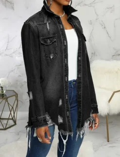 New Women's Denim Jacket Outdoor Street Daily Wear Fall Winter Regular Coat Regular Fit Thermal Warm Breathable Stylish Casual Jacket Long Sleeve Solid Color with Pockets Light Blue Black Navy Blue Women Jackets