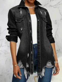 New Women's Denim Jacket Outdoor Street Daily Wear Fall Winter Regular Coat Regular Fit Thermal Warm Breathable Stylish Casual Jacket Long Sleeve Solid Color with Pockets Light Blue Black Navy Blue Women Jackets