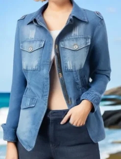Women's Denim Jacket Outdoor Street Daily Wear Fall Winter Regular Coat Regular Fit Thermal Warm Breathable Stylish Casual Jacket Long Sleeve Solid Color with Pockets Women Jackets