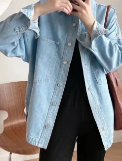 Sale Women's Denim Jacket Outdoor Street Daily Wear Fall Winter Regular Coat Regular Fit Thermal Warm Breathable Stylish Casual Jacket Long Sleeve Solid Color with Pockets Women Jackets