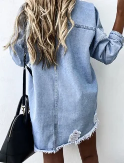 Online Women's Denim Jacket Outdoor Street Daily Wear Fall Winter Regular Coat Regular Fit Thermal Warm Breathable Stylish Casual Jacket Long Sleeve Solid Color with Pockets Women Jackets