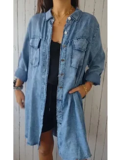 Outlet Women's Denim Jacket Outdoor Street Daily Wear Fall Winter Long Coat Regular Fit Thermal Warm Breathable Stylish Casual Jacket Long Sleeve Solid Color with Pockets Light Blue Navy Blue Dark Gray Women Jackets
