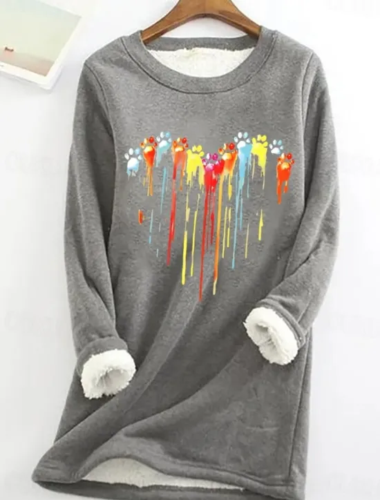 Sale Women's Dog Paw Heart Casual Fluff Fleece Pullover Sweatshirt Graphic Letter Casual Long Sleeve Crew Neck Long Tops Street Print Black Pink Blue Gray Fall Winter Women Hoodies & Sweatshirts