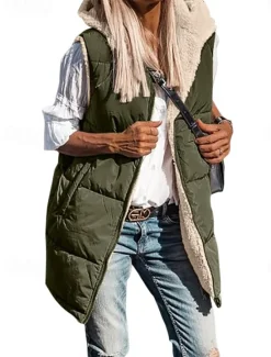Online Womens Double Face Hoodie Vest Fleece Lapel short cotton-padded jacket Women Puffers & Parka