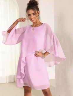 Online Women's Dress Batwing Sleeve Chic Pastel Pink Round Neck Relaxed Fit Lightweight Casual Summer Fashion Above Knee Length Women Chiffon Dresses|Cocktail Dress