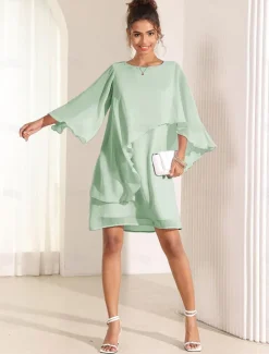 Online Women's Dress Batwing Sleeve Chic Pastel Pink Round Neck Relaxed Fit Lightweight Casual Summer Fashion Above Knee Length Women Chiffon Dresses|Cocktail Dress