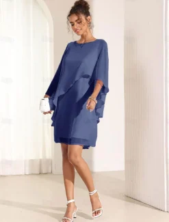 Online Women's Dress Batwing Sleeve Chic Pastel Pink Round Neck Relaxed Fit Lightweight Casual Summer Fashion Above Knee Length Women Chiffon Dresses|Cocktail Dress