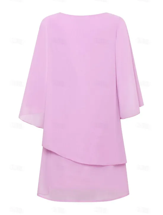 Online Women's Dress Batwing Sleeve Chic Pastel Pink Round Neck Relaxed Fit Lightweight Casual Summer Fashion Above Knee Length Women Chiffon Dresses|Cocktail Dress