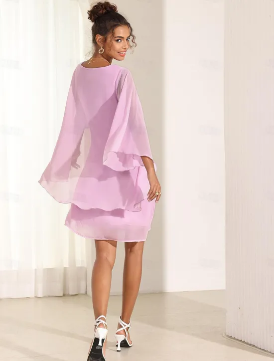 Online Women's Dress Batwing Sleeve Chic Pastel Pink Round Neck Relaxed Fit Lightweight Casual Summer Fashion Above Knee Length Women Chiffon Dresses|Cocktail Dress