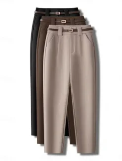 Discount Women's Dress Pants Fleece Flannel Straight Full Length Fashion Streetwear Office Work Apricot Black S M Fall Winter Women Pants